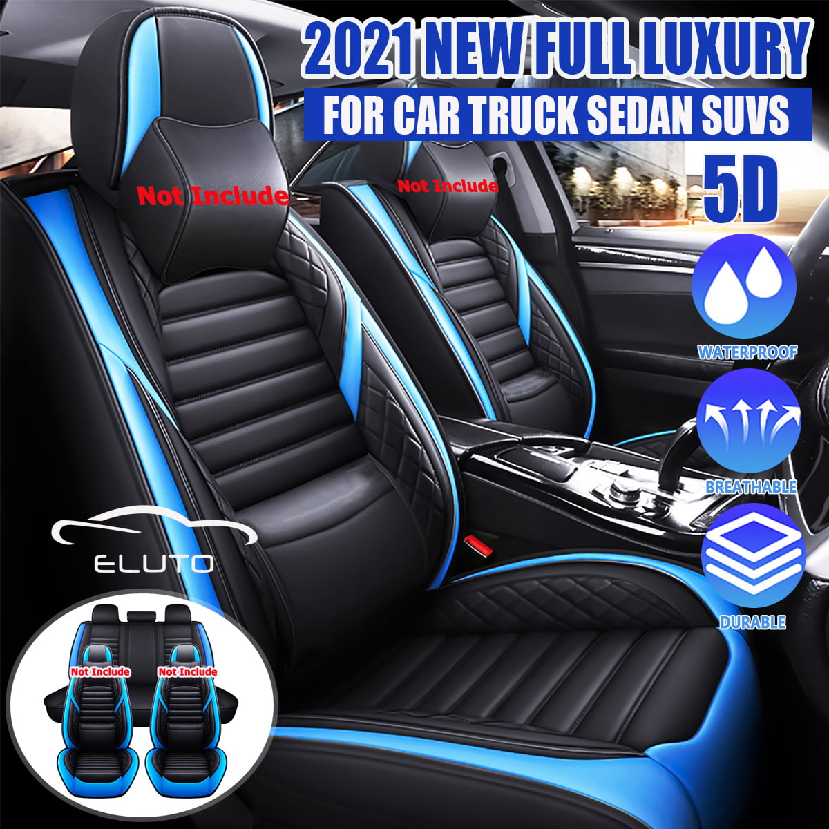 Full Set Luxury PU Leather 5-seats Car Interior Seat Covers Cushion Black & Blue 