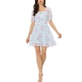 thumbnail image 1 of Allegra K Robe d'Été à Taille Smockée Imprimé Floral Col Carré TG Bleu, 1 of 5