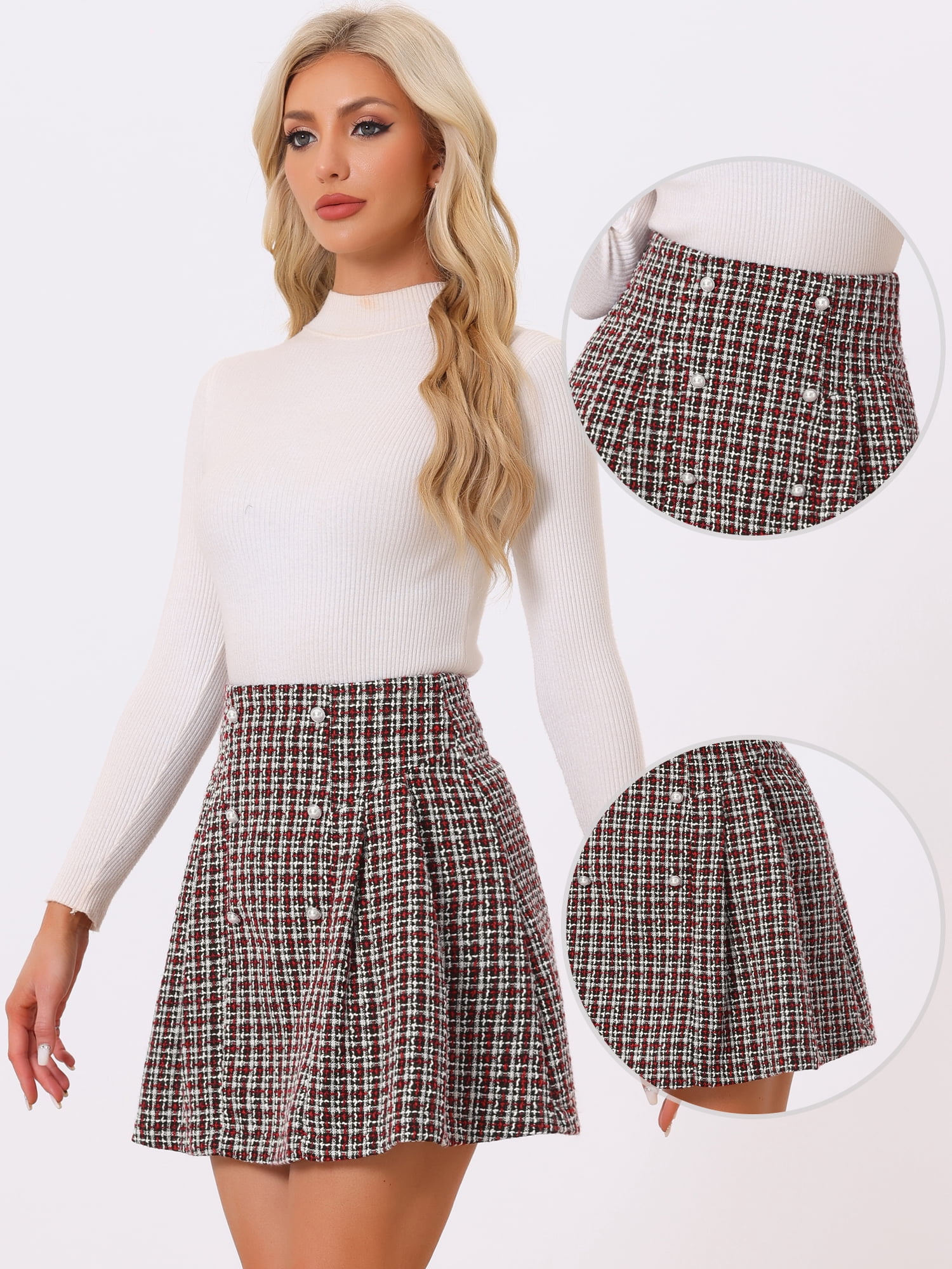 DARING DIVA Women's Elegant High Waist Button Decor A-Line Skirts S Black Red