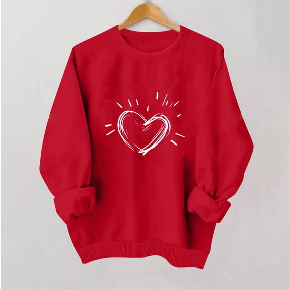 Valentine's Womens Sweatshirt Fleece Lined Hoodies Round-Neck Long Sleeve Shirts Cute Heart Printed Shirts Graphic Clothes Warm Winter Outfits Casual Loungewear