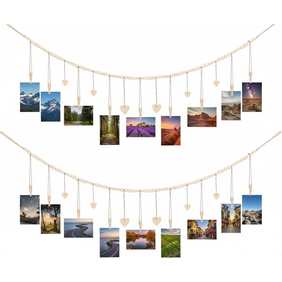 Hanging Photo Display Room Wall Decor, Boho Collage Picture Frame Christmas Cards Holder, Photo Hanger with 9 Wood Clips and 6 Wooden Hearts Tags for Home, Bedroom, Office, Dorm Decor, 2 Pack