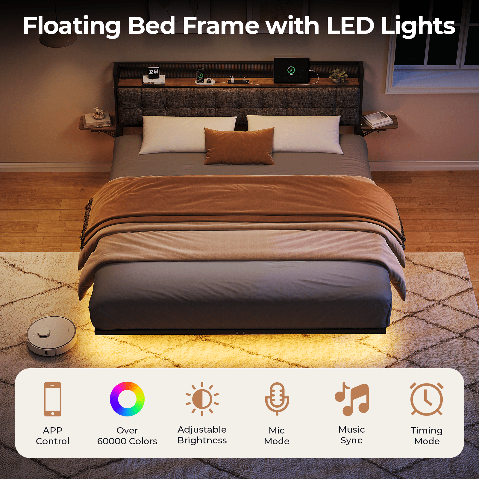 Vefurn Queen Floating Bed Frame with LED Lighting, Charging Ports, Upholstered Headboard, Black