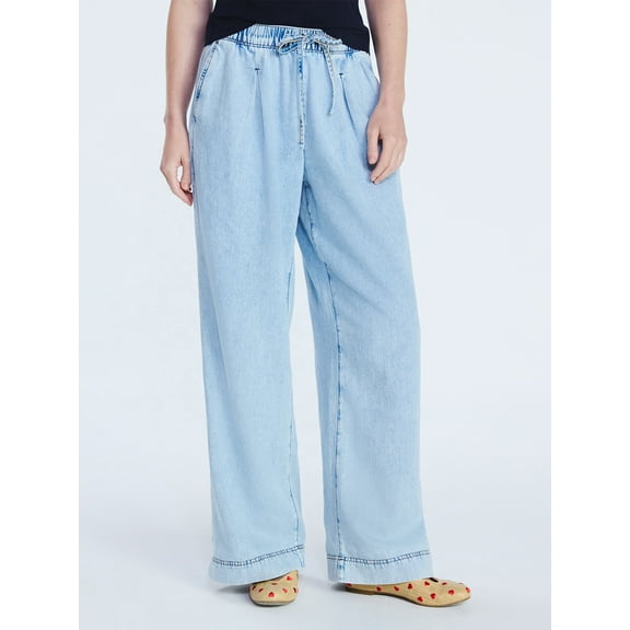 Free Assembly Women's and Women's Plus Loose Fitting Wide Leg Jeans with Adjustable Tie Waist, 29”, 31" and 33" Inseam, Sizes XXS-4X