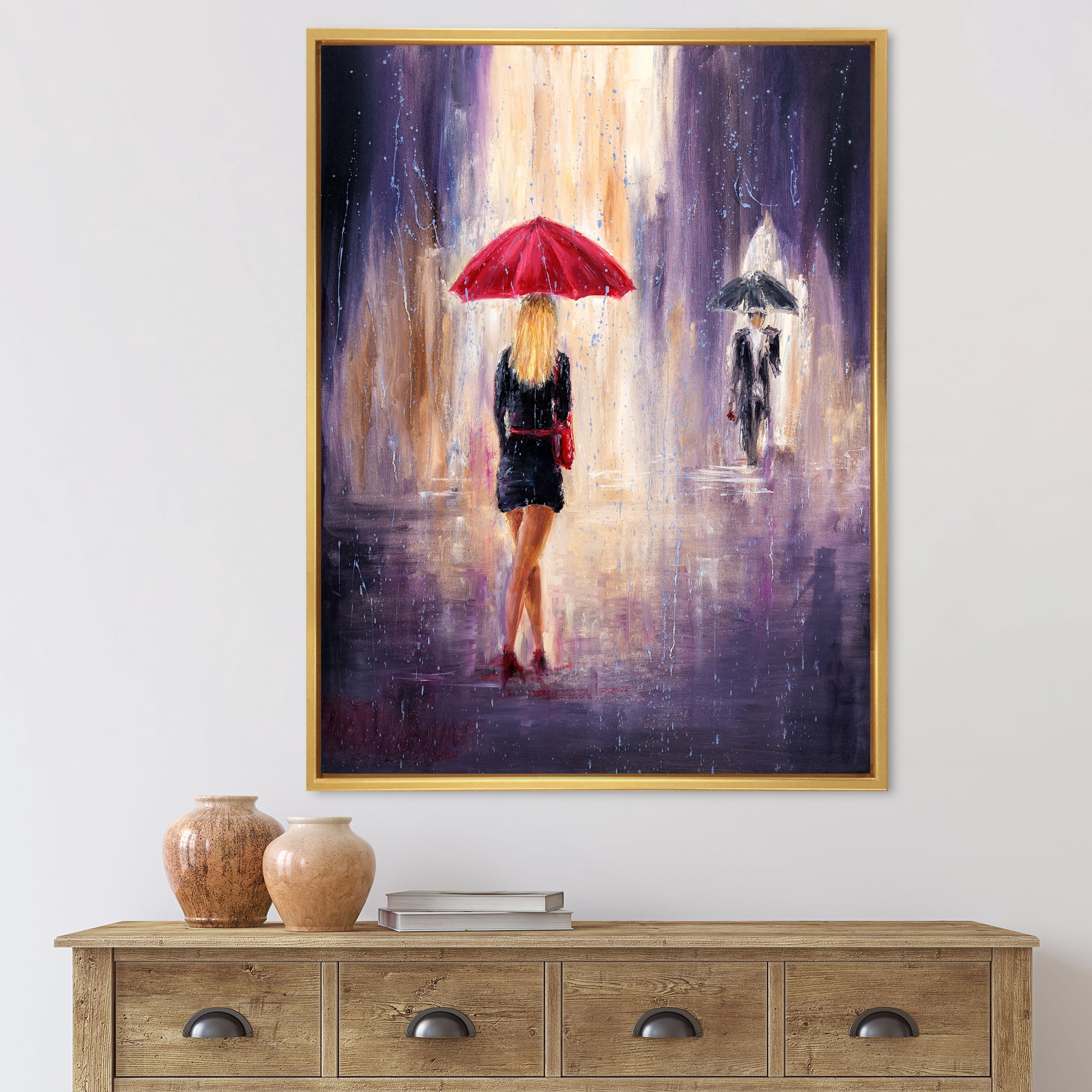 Designart 'The Girl With The Umbrella Walking In The Rain II' French Country Framed Canvas Wall Art Print