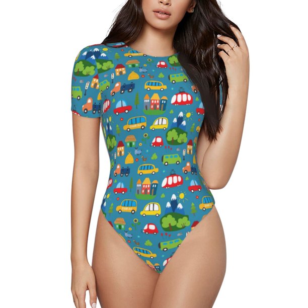 Balery Cars Transportation Body de cuello redondo de manga corta para mujer Tops de manga corta Tops básicos-XX-Large