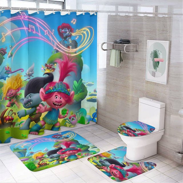 Trolls-theme 4-Piece Shower Curtain Set with Rugs, Waterproof Bathroom Decor Set Includes Bath Mat, U-Shaped Rug, Toilet Lid Cover and Curtain with Hooks