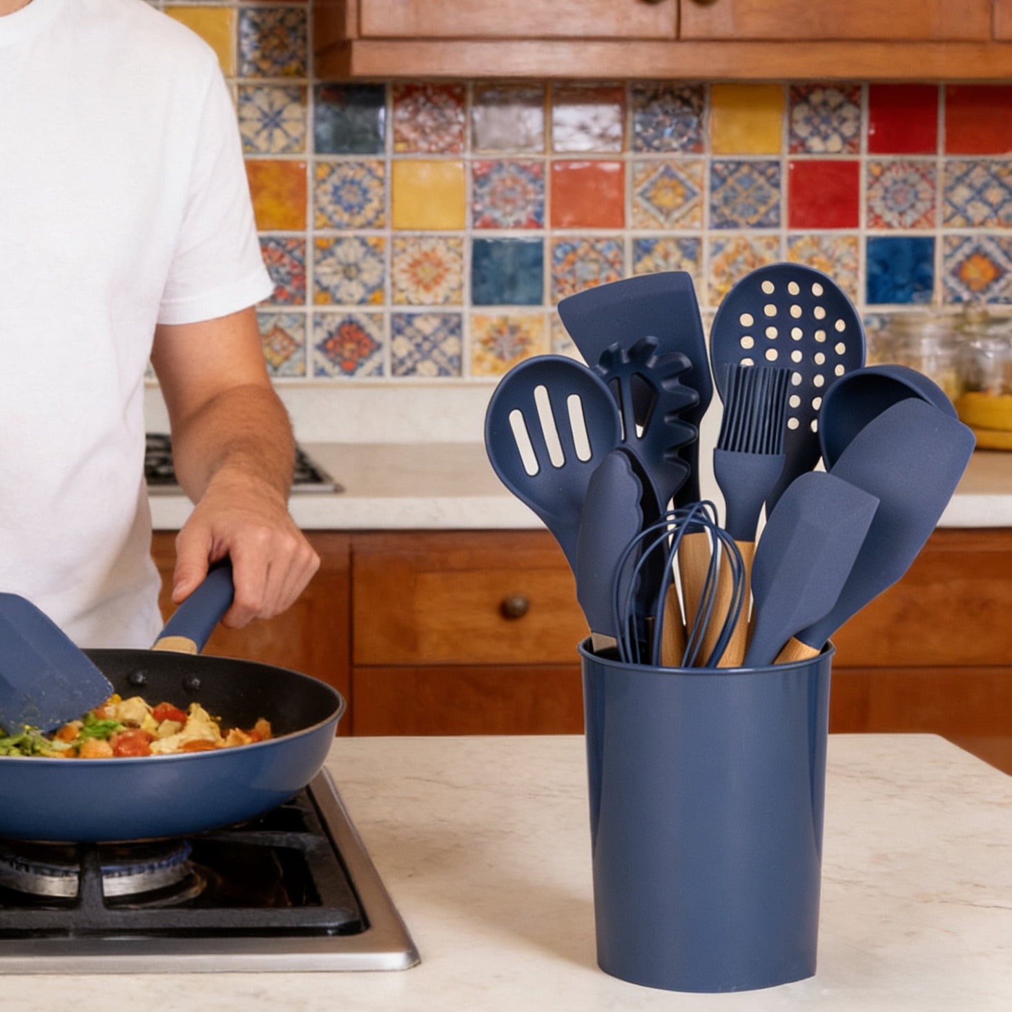 Mainstays Bamboo and Silicone Washed Indigo Gadgets Set, 14 pieces