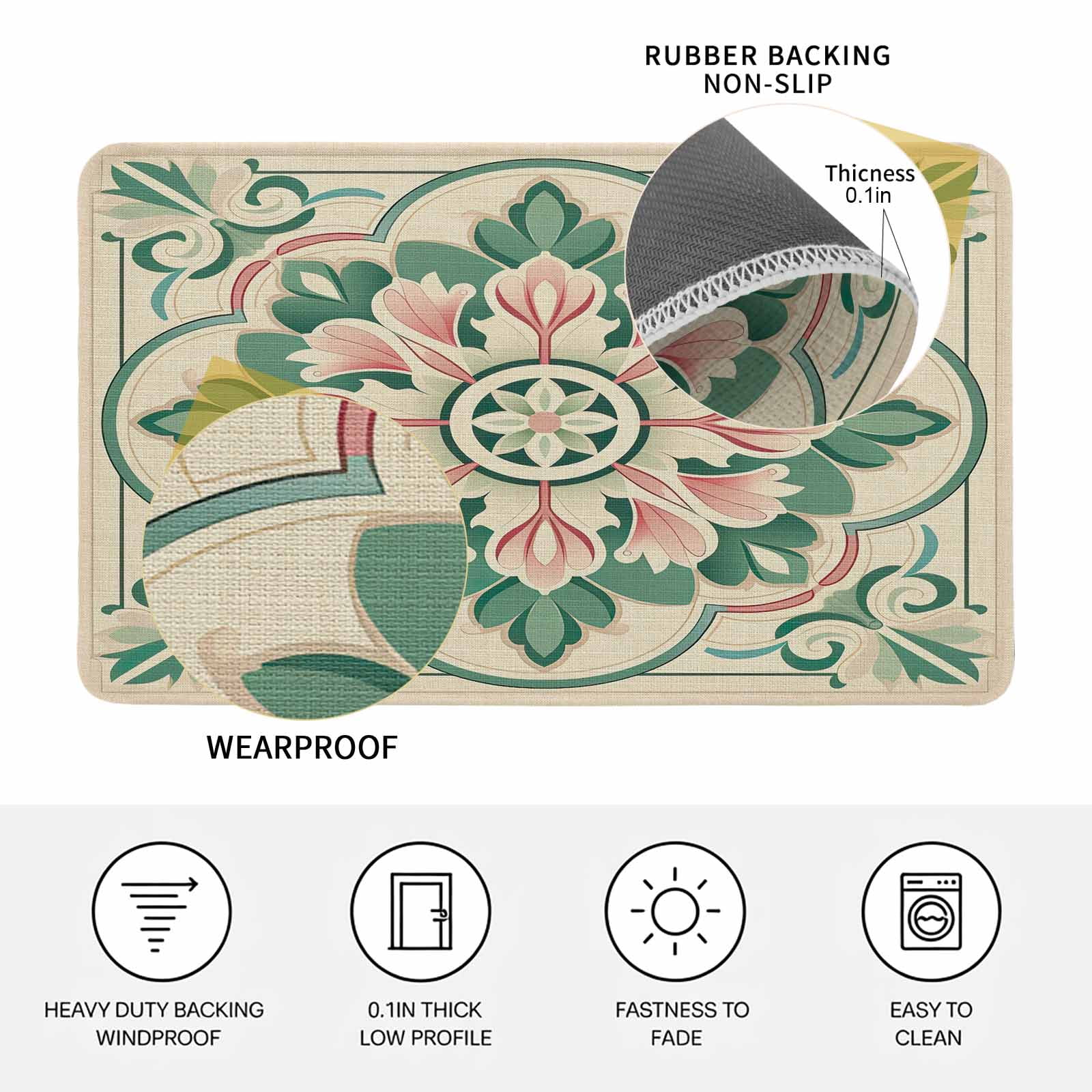 Pink Green Flower Doormat Outdoor Entrance 24"x36", Elegant Spring Floral Abstract Art Absorb Moisture Dirt Door Mats, Non-Slip Rubber Backing Floor Mats Indoor, Low-Profile Front Door Rugs
