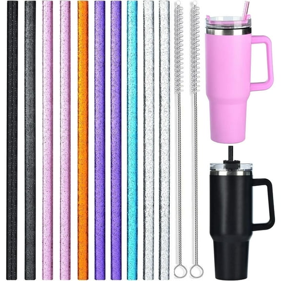 10 Pack Color Replacement Straws for 40 oz 30 oz Tumbler, 12 in Long Reusable Plastic Glitter Straws for 40oz 30oz Cup Accessories, Half Gallon Jug, Plus 2 Cleaning Brush