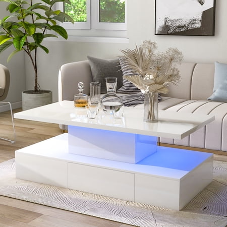 CoSoTower Modern Glossy Coffee Table with Drawer, 2-Tier Rectangle Center Table with Plug-In 16 Colors Led Lighting for Living Room, 39.3”X19.6”X15.3”, White