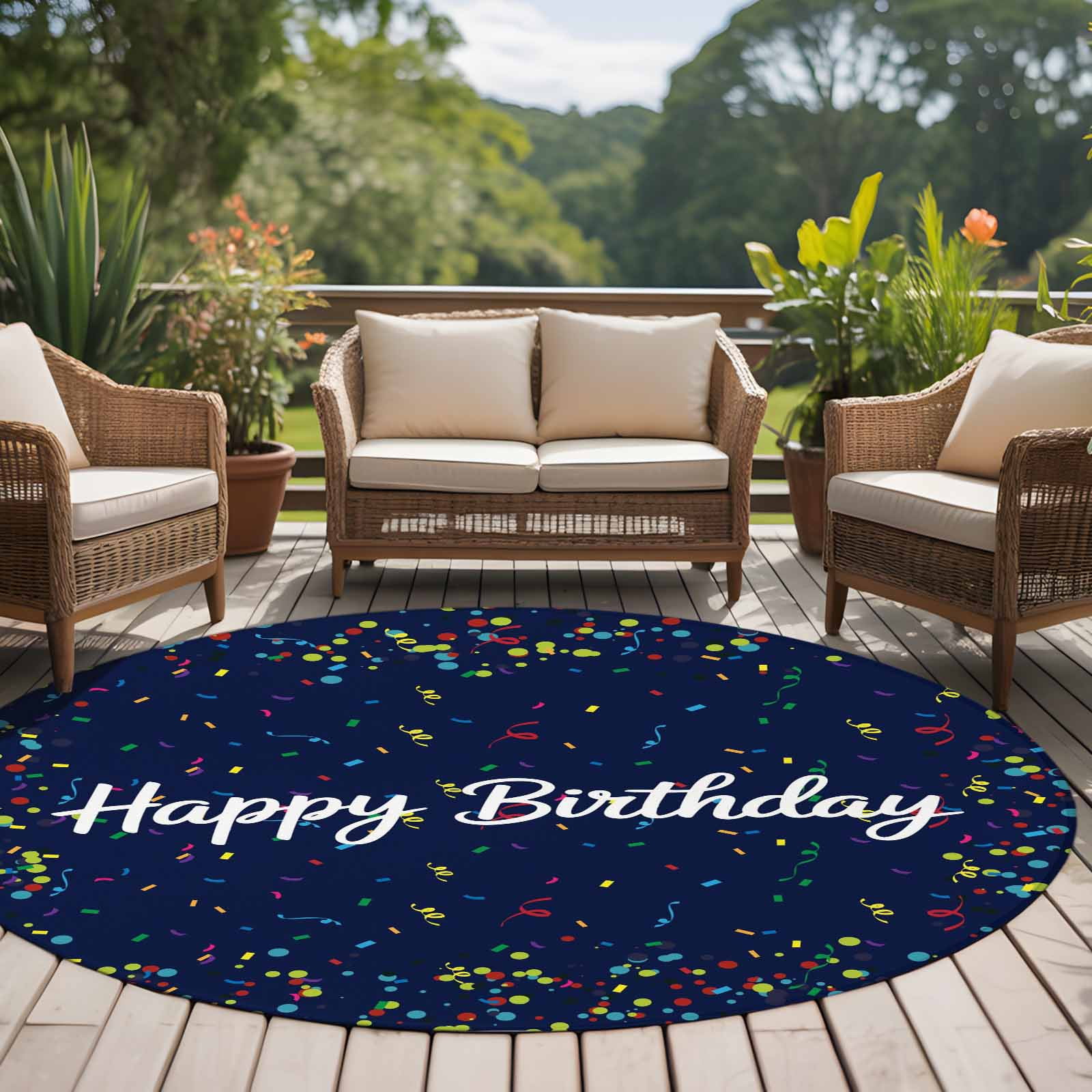 Happy Birthday Large Area Rugs for Bedroom Living Room, Soft Non Slip Carpet Bedside Rug, Navy Blue Modern Abstract Art Round Floor Cover Kitchen Accent Rug 7' for Dining Room/Office