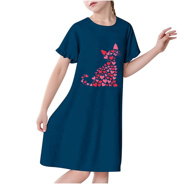 RXIRUCGD 2025 Vêtements d'Été pour Enfants 3-12 Ans Mode Imprimée Pyjama Rêveur Mi-Mollet Chemise de Nuit