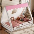 thumbnail image 2 of DeepRoar Full Size House Floor Bed with Tent and Light, Solid Wood Teepee Floor Bed with Full-length Guardrails, Montessori and Childlike Design, White+Pink, 2 of 6