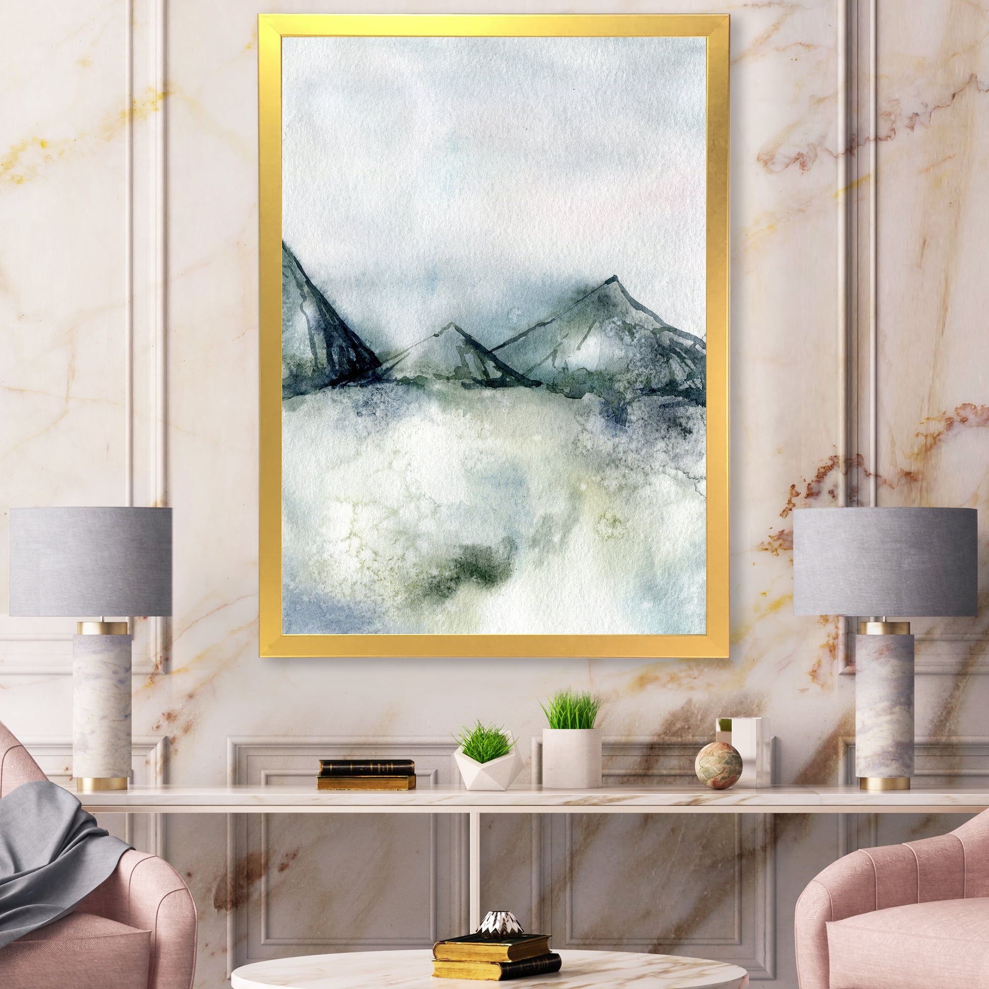 Designart 'Dark Blue Mountain Landscape Winter Minimalistic' Modern Framed Art Print