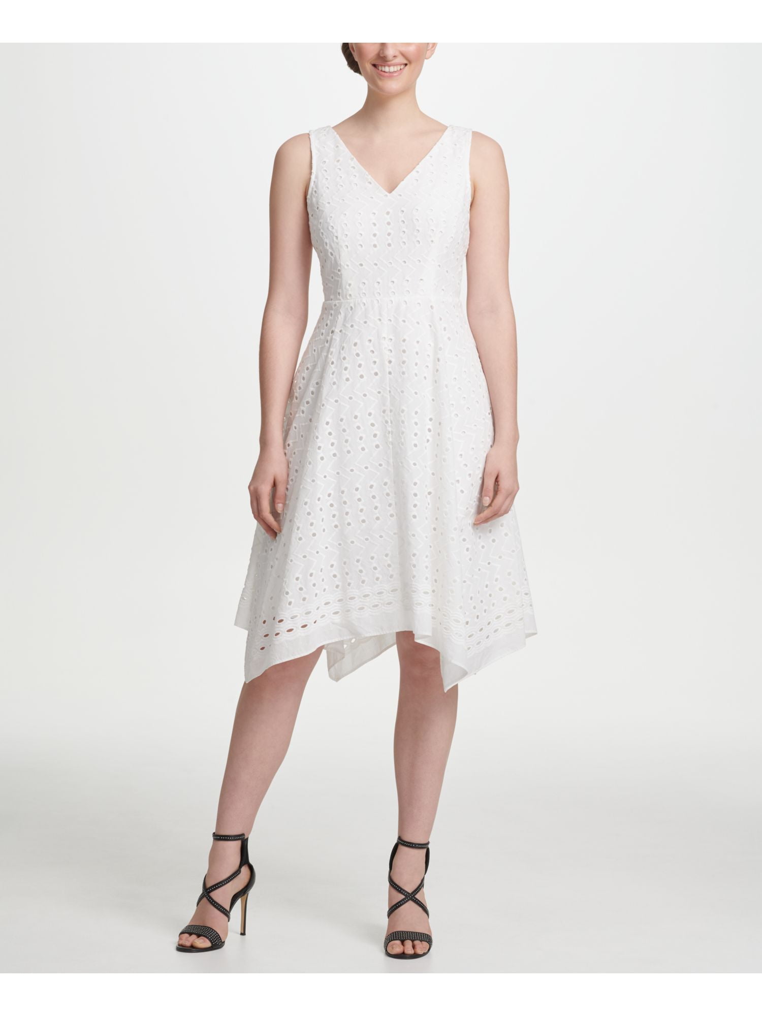 DKNY DKNY Womens White Eyelet Sleeveless V Neck Midi Fit