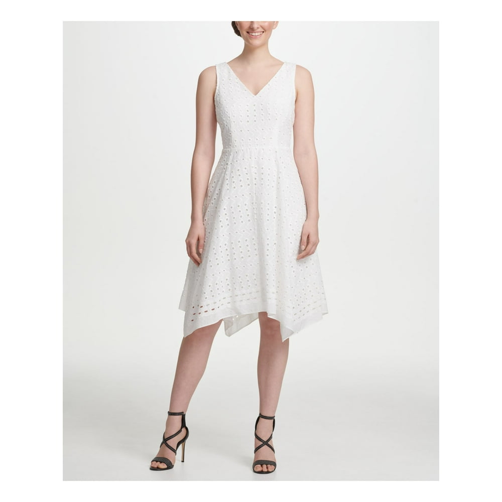 DKNY DKNY Womens White Eyelet Sleeveless V Neck Midi Fit + Flare