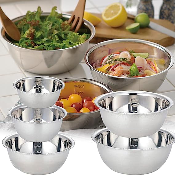 Sksloeg Stainless Steel Mixing Bowl. 2600ml Large Mixing Bowl to 580ml  Small Metal Bowl. Kitchen, Cooking and Storage Nesting Bowls. Dough, Batter  and Baking Bowls 5 Pcs 