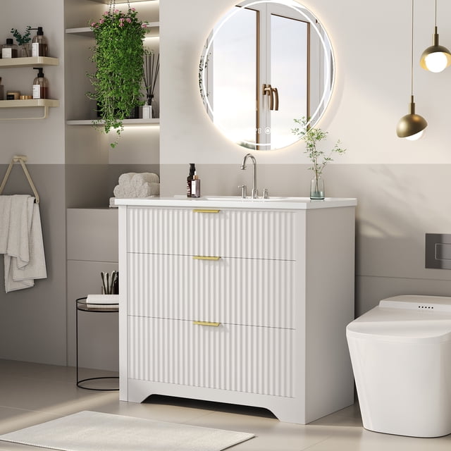 Modern Fluted Bathroom Vanity with Basin – Freestanding Bath Cabinet, 2 Drawers & Turn over-Down Drawer, Easy to Assemble & Clean, Single Basin Vanity Set, Walnut, 30 Inches