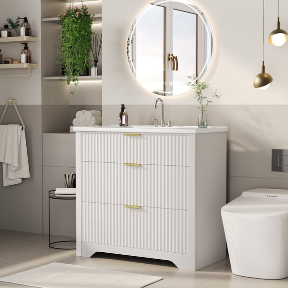Bathroom Vanity with Basin – 2 Soft-Close Drawers & Turn-Down Storage, Easy Assembly & Cleaning, Farmhouse Freestanding Cabinet – Natural Oak, 30 Inches