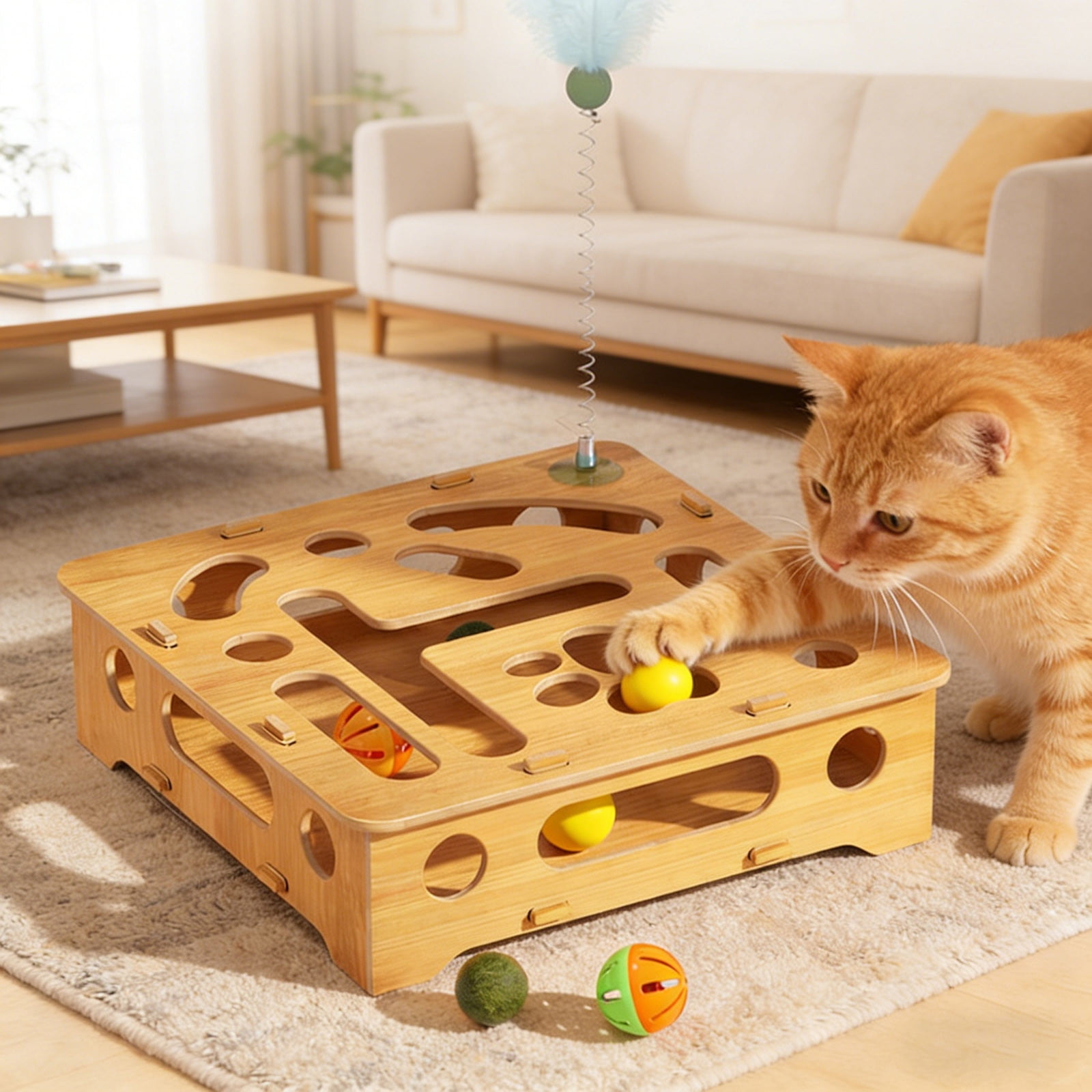 Pet Toys Enrichment Puzzle for Indoor Cats Cat Nail File Scratcher Interactive Wand Set Wooden Metal Mix for Grooming Play and Mental Stimulation