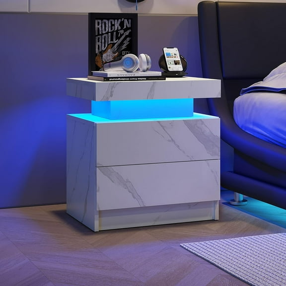 LED Nightstands, Modern End Side Table with 2 Drawers, LED Bedroom Furniture for Bedroom and Living Room, White Marble Pattern
