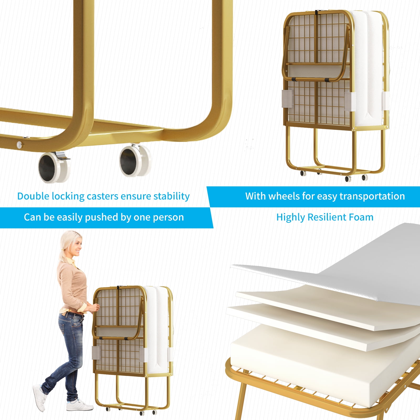 MUZZ Folding Bed with 4 Inch Foam Mattress, 75" x 31" Rollaway Bed with Sturdy Metal Frame, Foldable Guest Bed for Adults, Basic