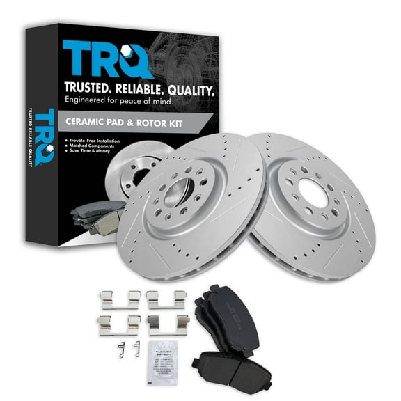 TRQ Front Performance Brake Pad & Rotor Kit Brake Pads Brake Rotors Set Ceramic Premium G-Coated Fits Select 2015-2017 Chrysler 200