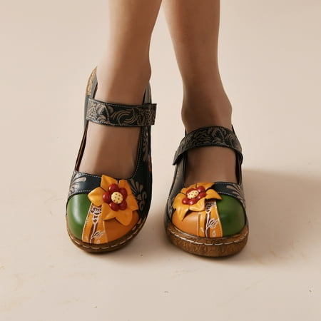 

Women Folk-Custom Color Block Hollow-out Manual Flower Printing Splice Color Flat Heel Shoes