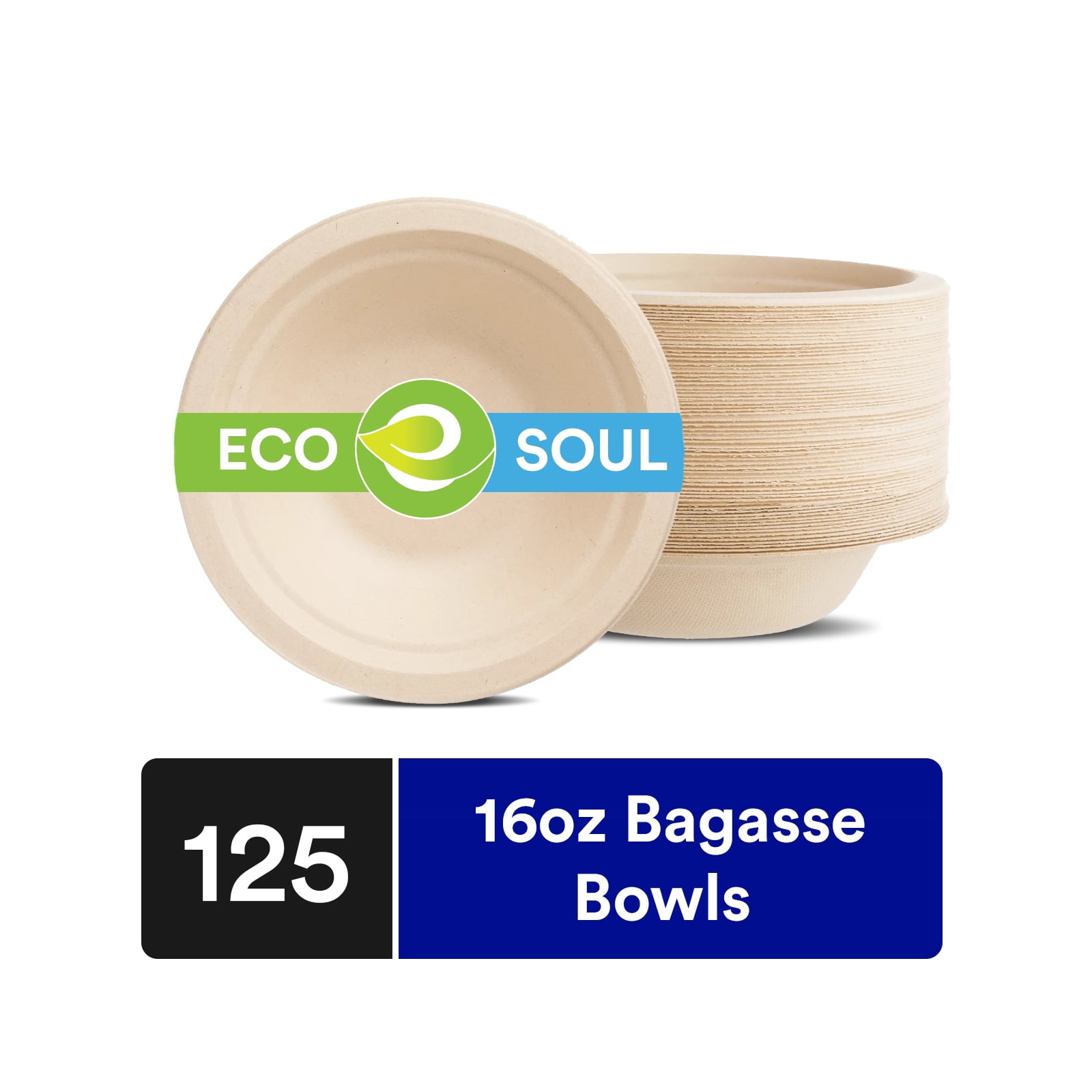 EcoSoul Compostable Plant Based 16 Oz Bagasse Bowls, 125 Count