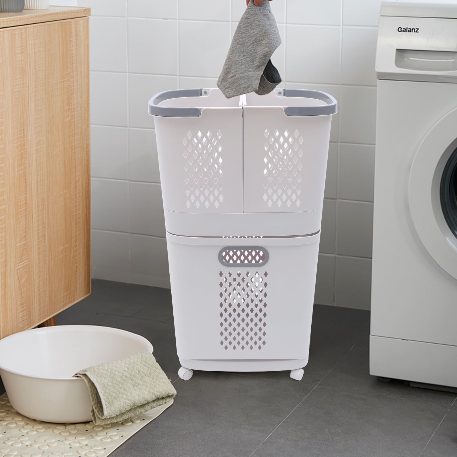 Laundry Basket with Wheels Movable Household Laundry Hamper 3-Tier Plastic Sorter Baskets Bathroom Clothes Storage Basket for Bathroom Bedroom Kitchen Organization 17x12x29Inches