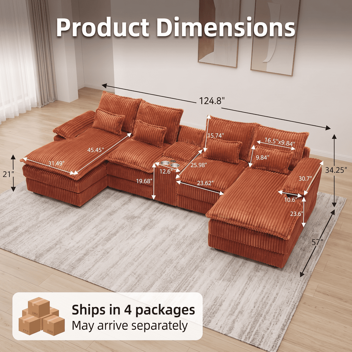125" Oversized Cloud Couch Modular Sectional Sofa with Chaise, Deep Seat Sectional Couch with Center Console, USB Ports & Cup Holders, 6 Seater Comfy Upholstered Sofa for Living Room
