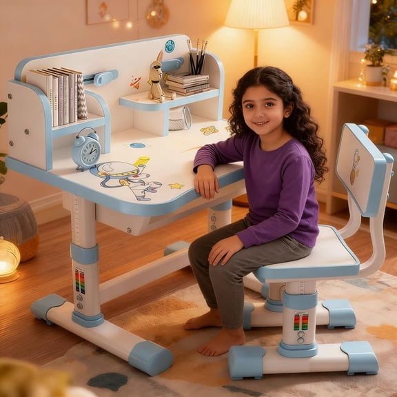 Floseru Kids Functional Desk and Chair Set, Height Adjustable Children School Study Table Chair Set with Cartoon Pattern, Ergonomic Desk Chair with Large Writing Board, Bookshelf and Book Bucket