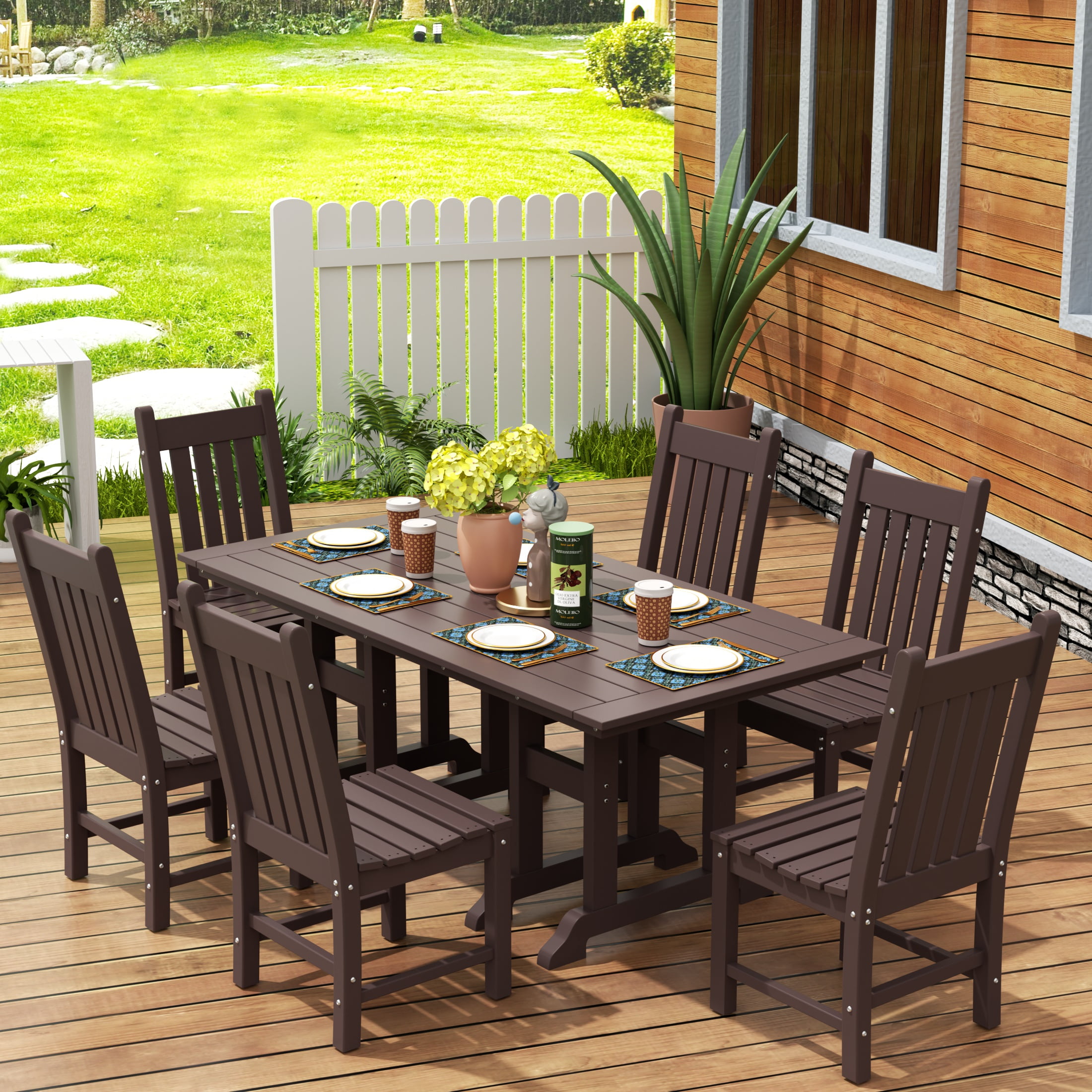 WestinTrends Malibu 7 Piece Outdoor Dining Set, All Weather Poly Lumber Patio Table and Chairs Furniture Set, 71" Trestle Dining Table with Umbrella Hole and 6 Arm Chairs, Dark Brown