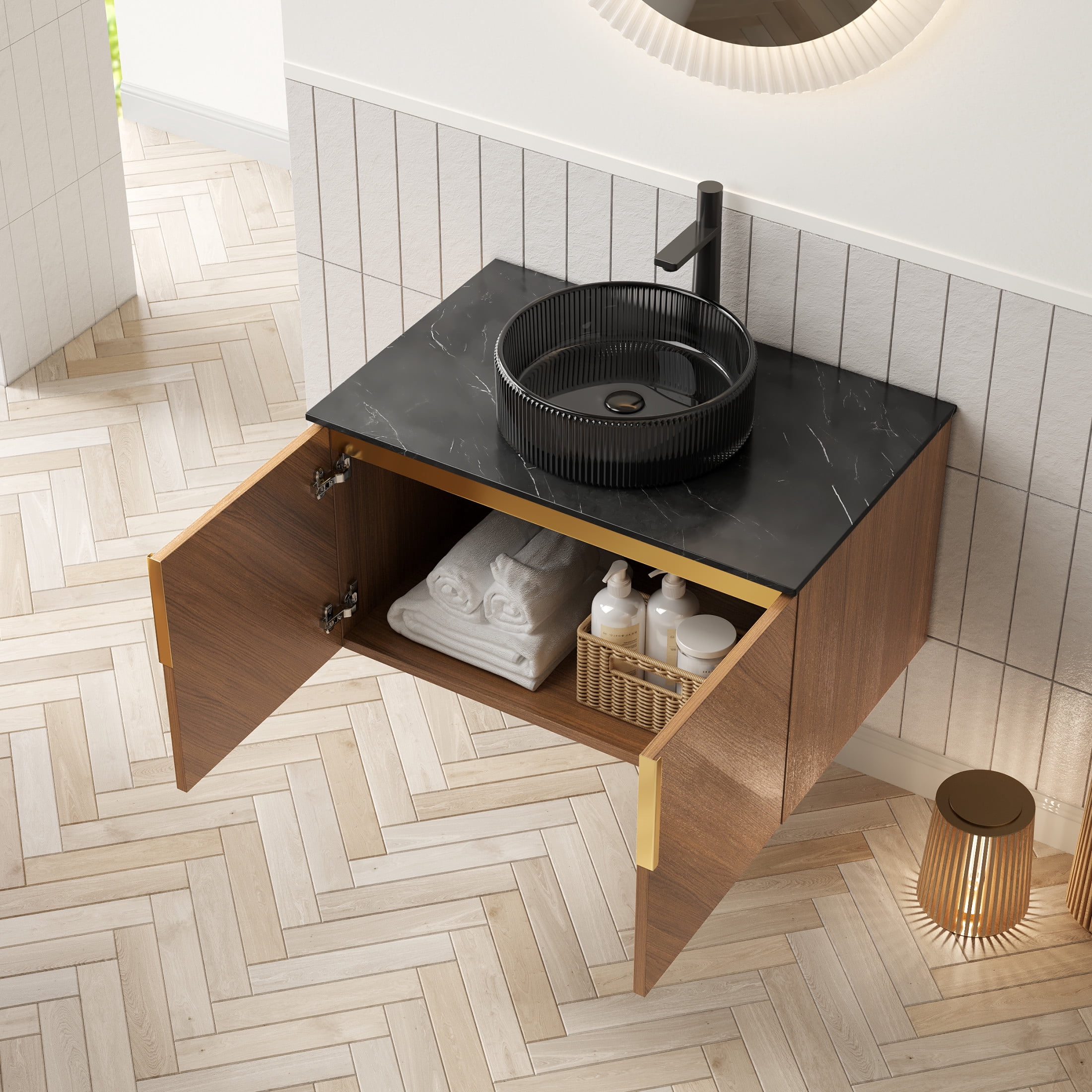 Noble House ARAI 30" Floating Plywood Bathroom Vanity, Sintered Stone Top Cabinet with Black Glass Round Vessel Sink, Oak