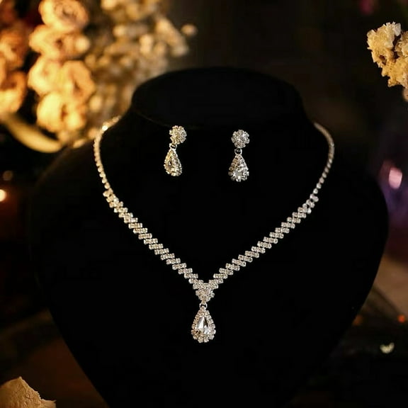 Eosunjian 1 Set Bridal Necklace Earrings Water Drop-shaped Rhinestone Jewelry Korean Style Sparkling Jewelry Set for Wedding Silver
