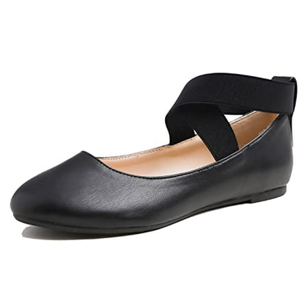 

Feversole Women s Fashion Elastic Ankle Strap Shoes Round Toe Ballet Flat Black Vegan Leather Size 8.5 M US
