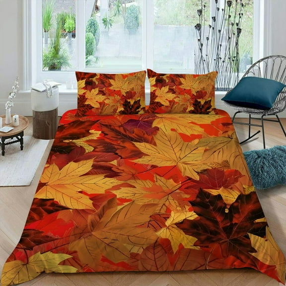 Pratyus Leaves Fall Season Foliage 3-Piece Bedding Set (Single-Sided Print) High Quality Sleep Peach Skin Velvet Bedroom; Guest Room 87x68in