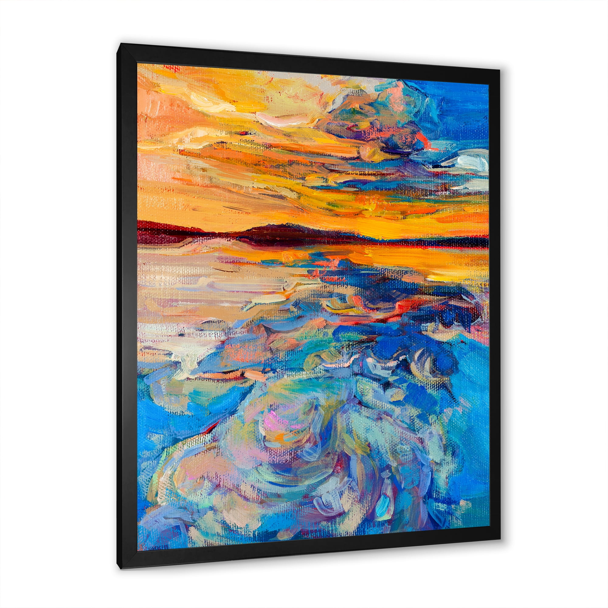 Designart 'Whirly Blue Waves Under Orange Sunset' Nautical & Coastal Framed Art Print