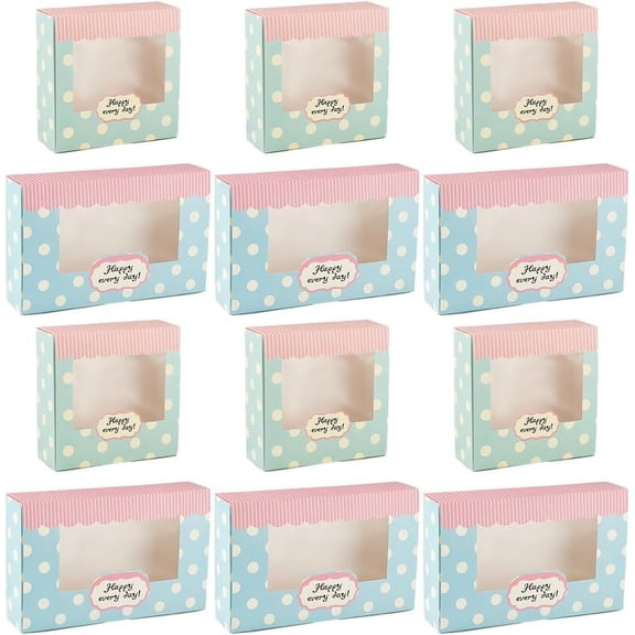 12 Pcs 2 Style Cake Paper Box Bakery Boxes with Window Blue Polka Dot Cake Box Desserts Donuts Pastry Cake Boxes for Desserts Cupcakes Packaging Gift - 8.5x5.4x2 inch/5.4x5.4x2 inch 1set