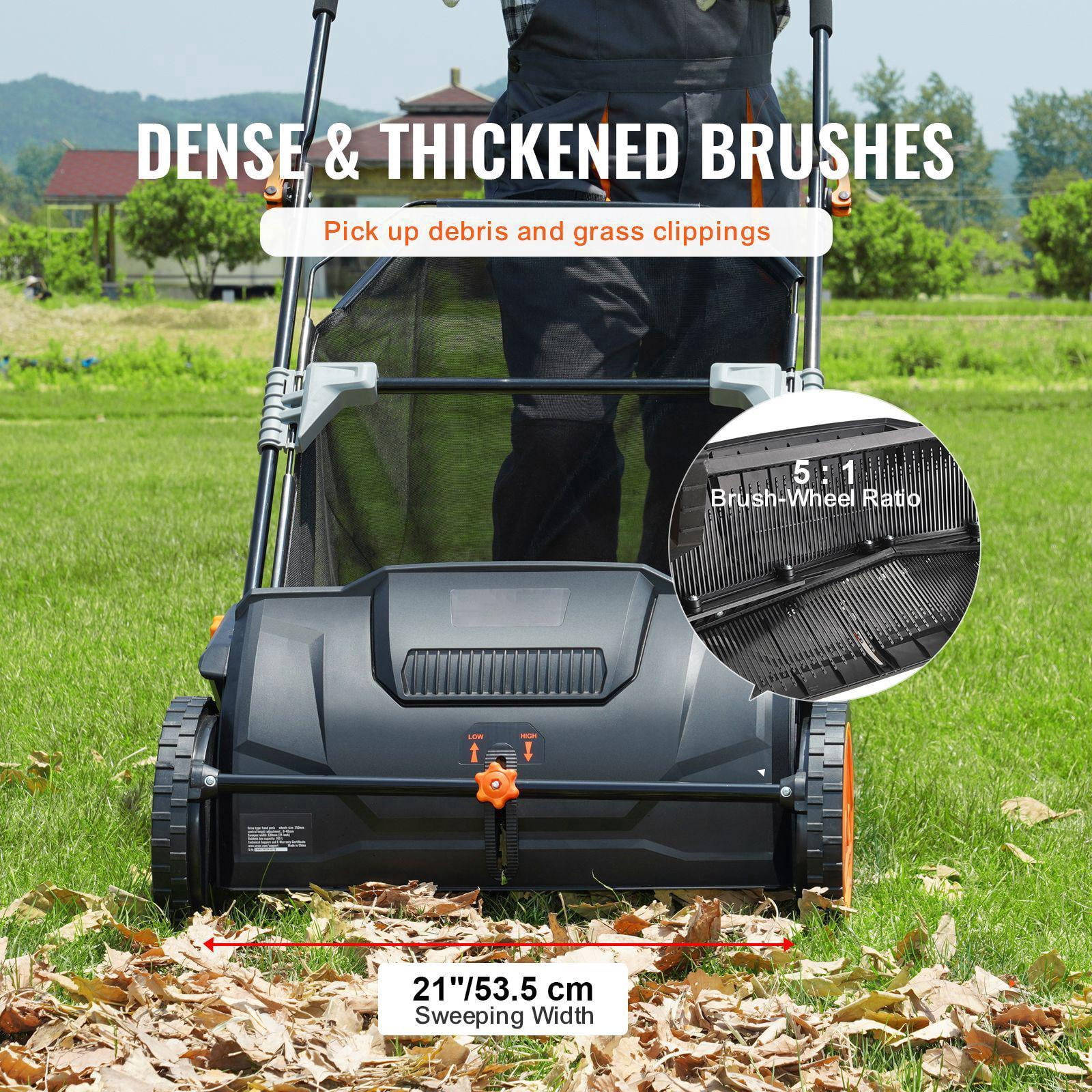 21 Inch Push Lawn Sweeper with 3.5 Cubic Foot Mesh Bag Heavy Duty Steel Construction Plastic Wheels Rotating Brushes
