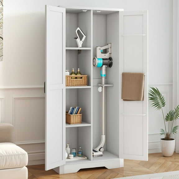 Uforic Farmhouse 2-Door Storage Cabinet, Freestanding Utility Organizer, Cleaning Tool Storage, White