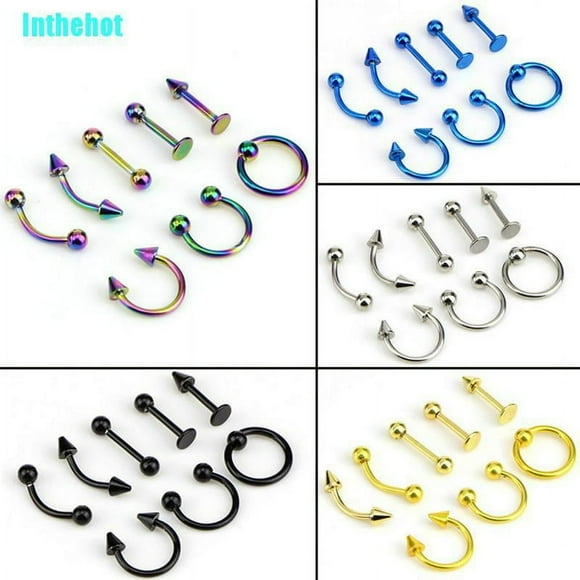 Mixed 8Pcs 16G Stainless Steel Helix Piercing Jewelry Ear Eyebrow Nose Lip Rings