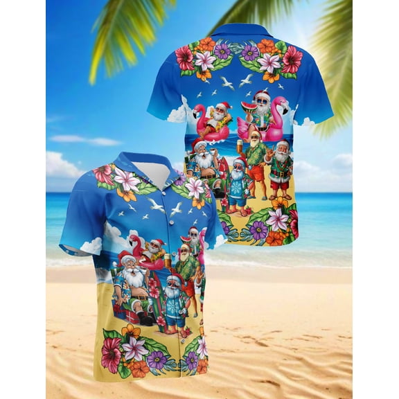 Surfing Santa Hawaiian Shirt for Men, Funny Style, Button Down Summer Beach Short Sleeve, S-5XL