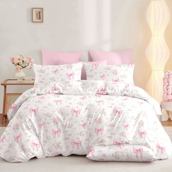 3 Pieces Cute Bowknot Comforter Set for Boys Girls Dreamy Princess Style Pink Rose Floral Bedding Set Ultra Soft Garden Flower Queen Comforter with Pillowcases