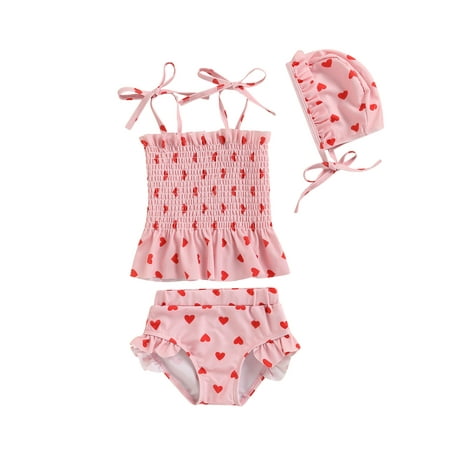 

TFFR 3Pcs Baby Girls Swimwear Heart Print Frilly Tank Tops + Shorts + Hat Swimsuit for Toddlers Infants 0-24 Months