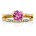 thumbnail image 2 of Gem Stone King 18K Yellow Gold Plated Silver Pink Created Sapphire Engagement Engagement Ring for Women (1.19 Cttw, Gemstone September Birthstone, Round 6MM, Size 7), 2 of 3