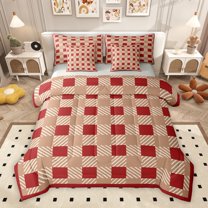 Homewish Square Buffalo Plaid Bedding Comforter Set 7pcs, Wheat Red Stripes Abstract King Bedding Sets, Chic Vintage Fashion Reversible Bed Sheets, Luxury Bedroom Decor