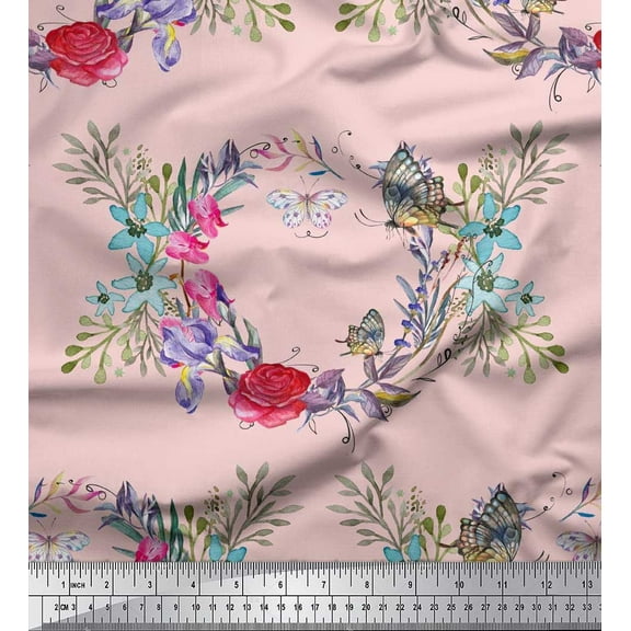 Soimoi Pink Viscose Chiffon Fabric Insect,Rose & Wreath Flower Decor Fabric Printed BTY 42 Inch Wide