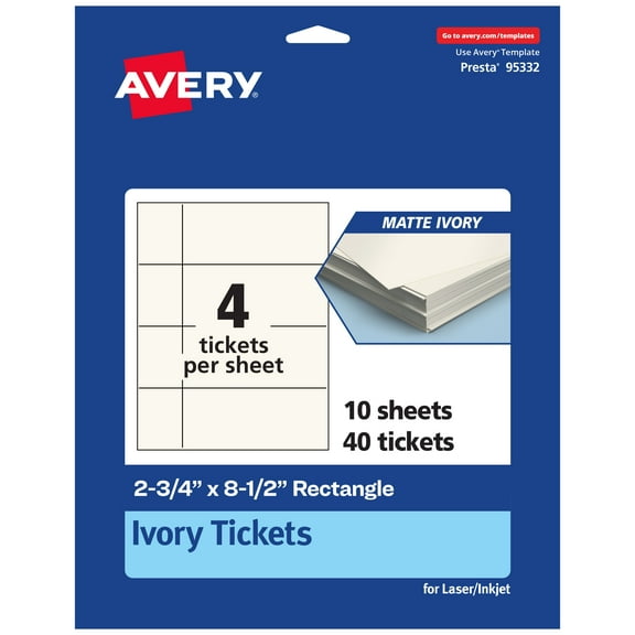 Avery 2-3/4" x 8-1/2" Rectangle Tickets, Matte Ivory, 40ct