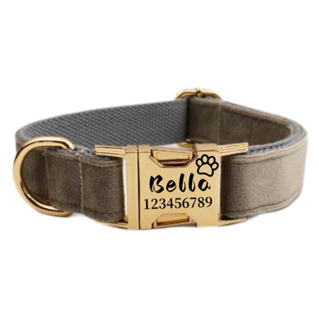 Custom Dog Collar Personalized with Name Engraved Gold Metal Buckle for Large Medium Small Dogs - Dog Leash and Bow Tie Available - Soft Thick Velvet - Light gray Size L